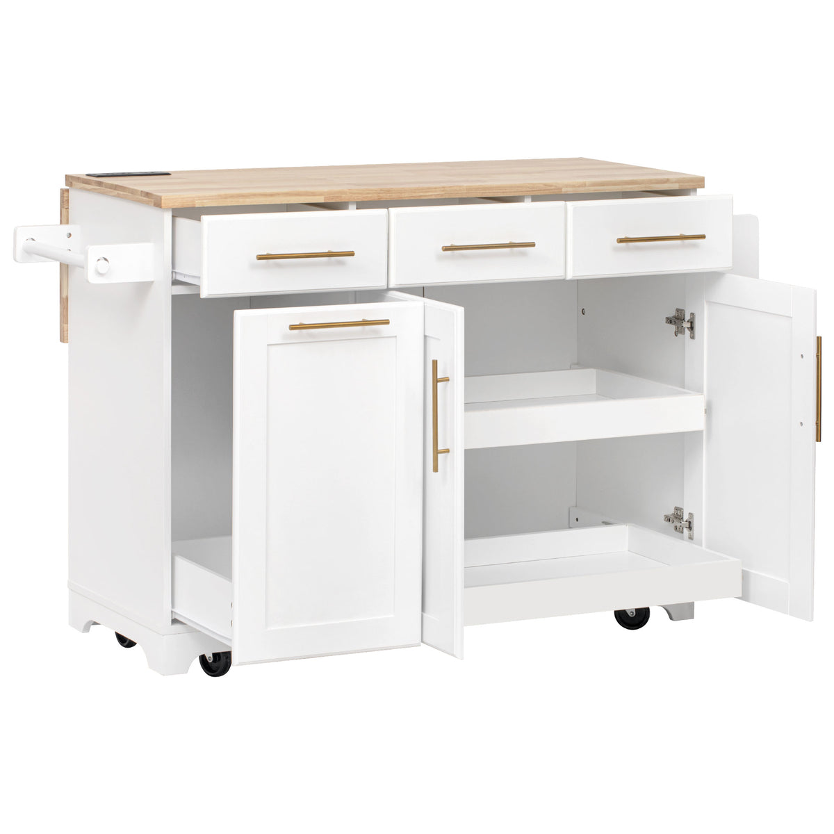 variant-group:rf-n707s299014w|Roomfitters 59.3" Kitchen Island with Power Outlet, Drop Leaf and Double Trash Can Pull Out, Rolling Cart, White