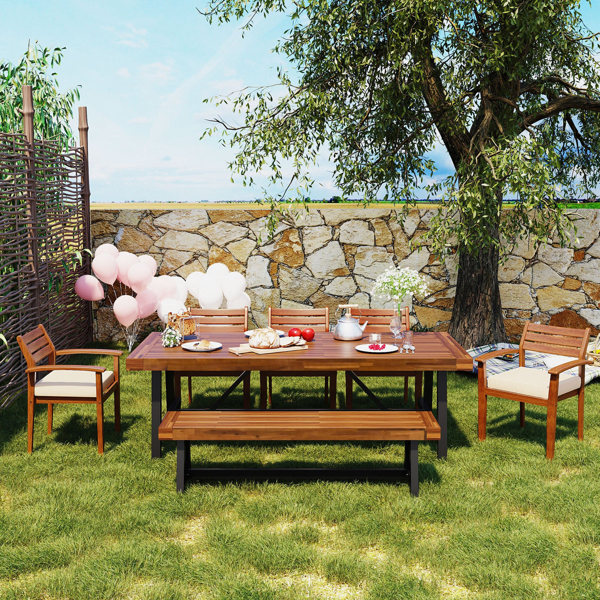 Roomfitters Outdoor Wood Dining Set for 7-8 Person, Outdoor Dining Furniture with Removable Cushions, Ergonomic Chairs and Bench, Thicker Table, Wood Tone Roomfitters