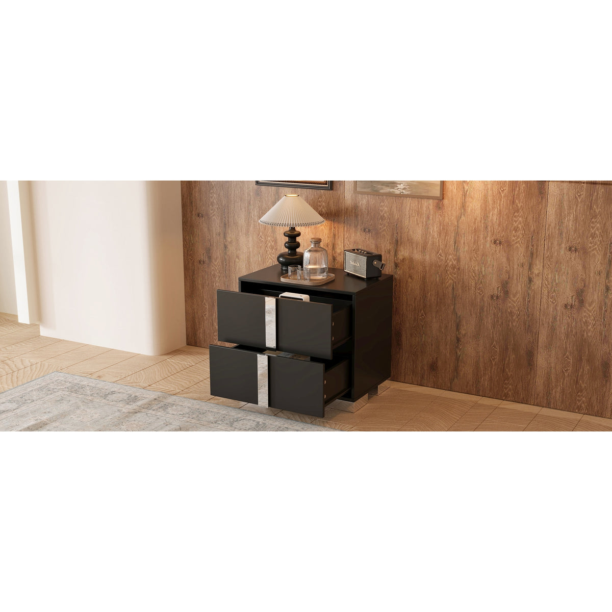 variant-group:rf-n733p307938b|Roomfitters Elegant Mirrored Nightstand with 2 Drawers and Metal Handle, Bedside Table for Bedroom or Living Room, Black