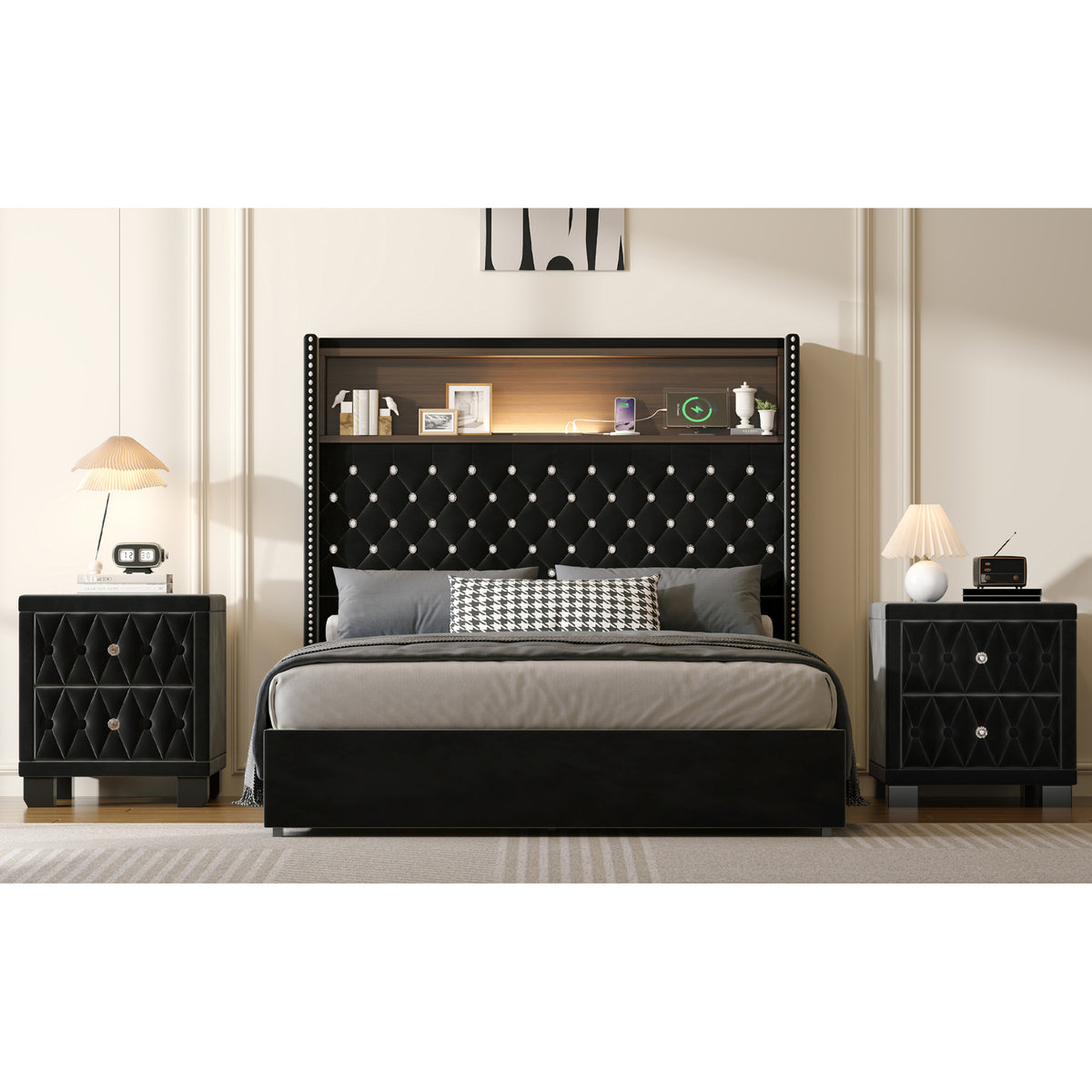 variant-group:rf-n733p368653b|Roomfitters Full Velvet Tufted Platform Bed with Charging Ports, Tall Wingback Headboard with Rivet Trim and Shelf, Black