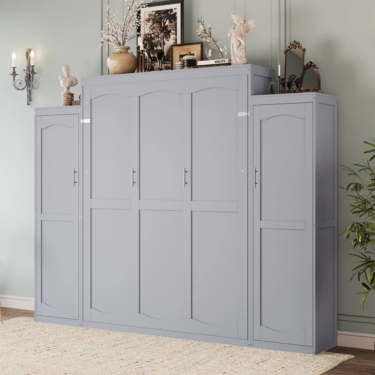 variant-group:rf-n733s235627e|Roomfitters Queen Murphy Wall Bed with Two Wardrobes and Storage Shelf, Foldable Platform Bed Frame for Guest Room, Gray
