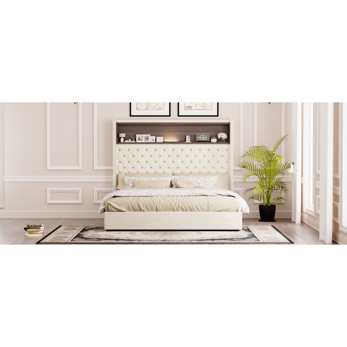 variant-group:rf-n733p367135a|Roomfitters Queen Velvet Tufted Platform Bed with Charging Ports, Tall Wingback Headboard with Rivet Trim and Shelf, Beige