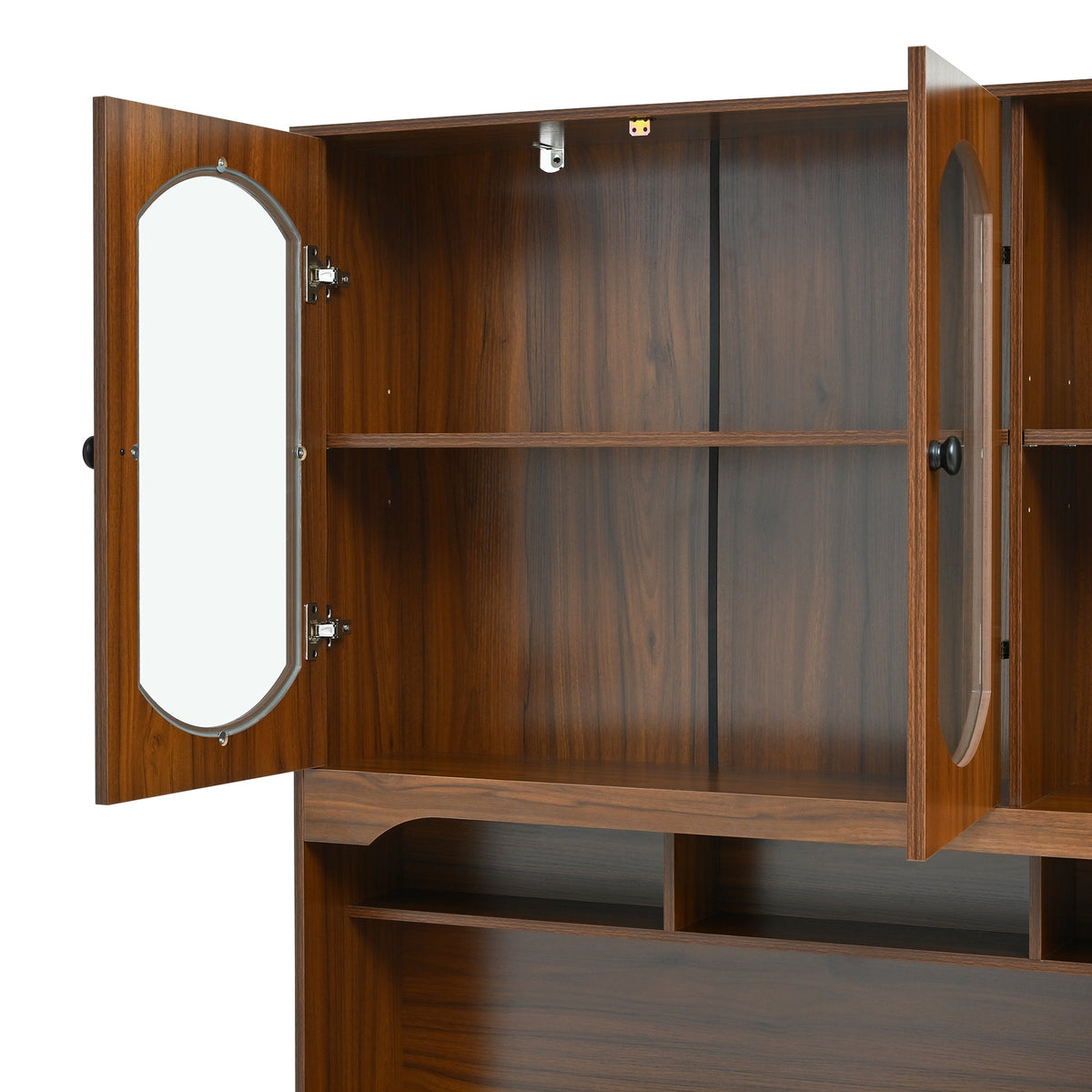 Roomfitters 47'' Retro Desk with Charging Ports and Hutch, Office Desk with 5 Storage Drawers and Glass Bookshelf, Walnut