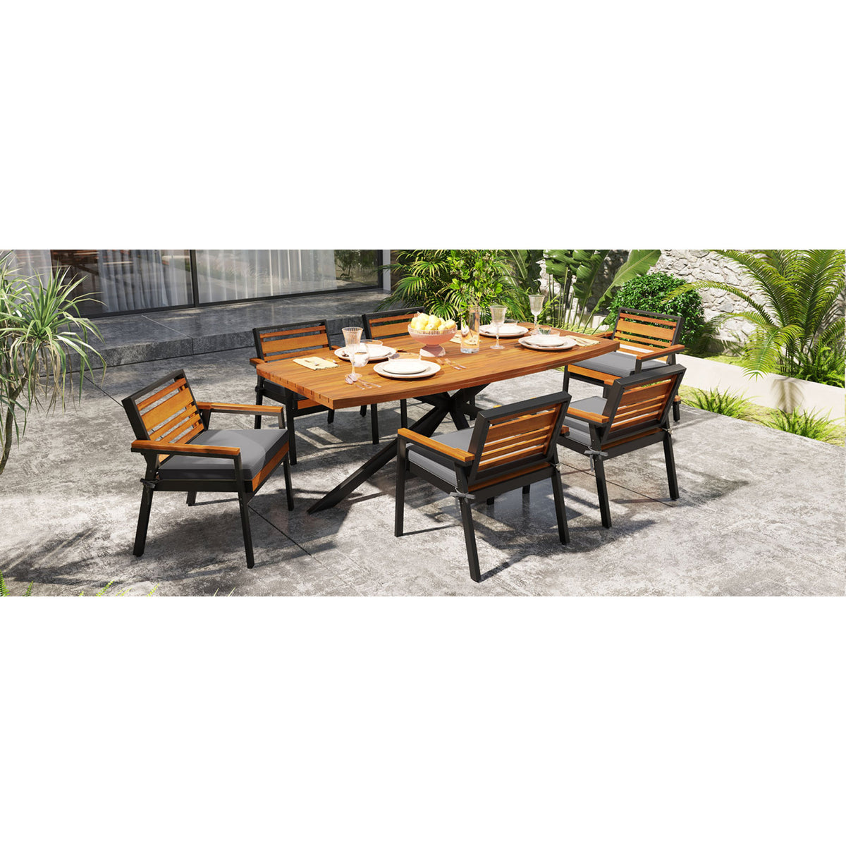 variant-group:rf-n704g201259e|Roomfitters Modern 7-Piece Patio Dining Set with Powder-Coated Iron Frame and Detachable Gray Cushions