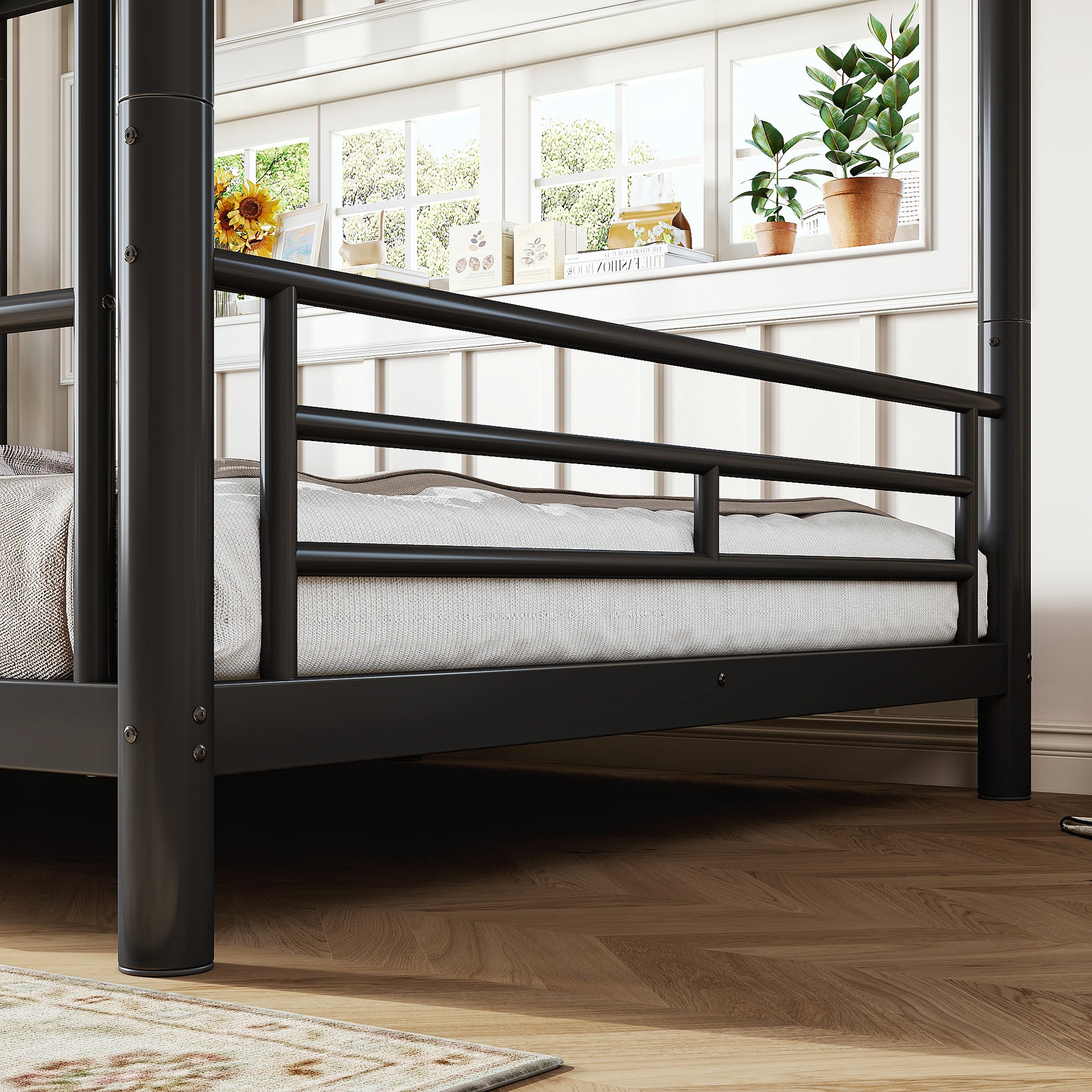 variant-group:rf-w1580p454730|Roomfitters Full over Full Metal Bunk Bed Frame for Teens Adults, Convertible 2 Separate Beds Round Tube, Black