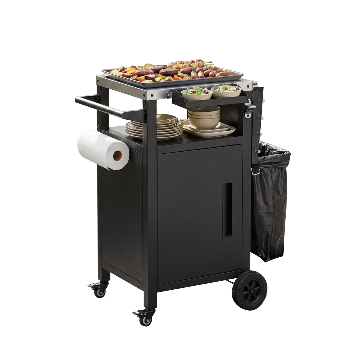 Roomfitters 33.9" Grill Cart with Stainless Steel Top, BBQ Prep Station with Spice Rack and Hamper Bag, Rolling Cart, Black