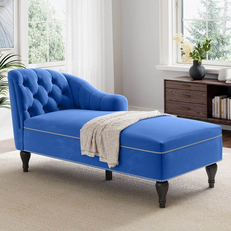 Roomfitters 58 Inch Fainting Couch, Velvet Upholstered Chaise Lounge Sofa with Button-Detailed Back & Nailhead Trim, Blue