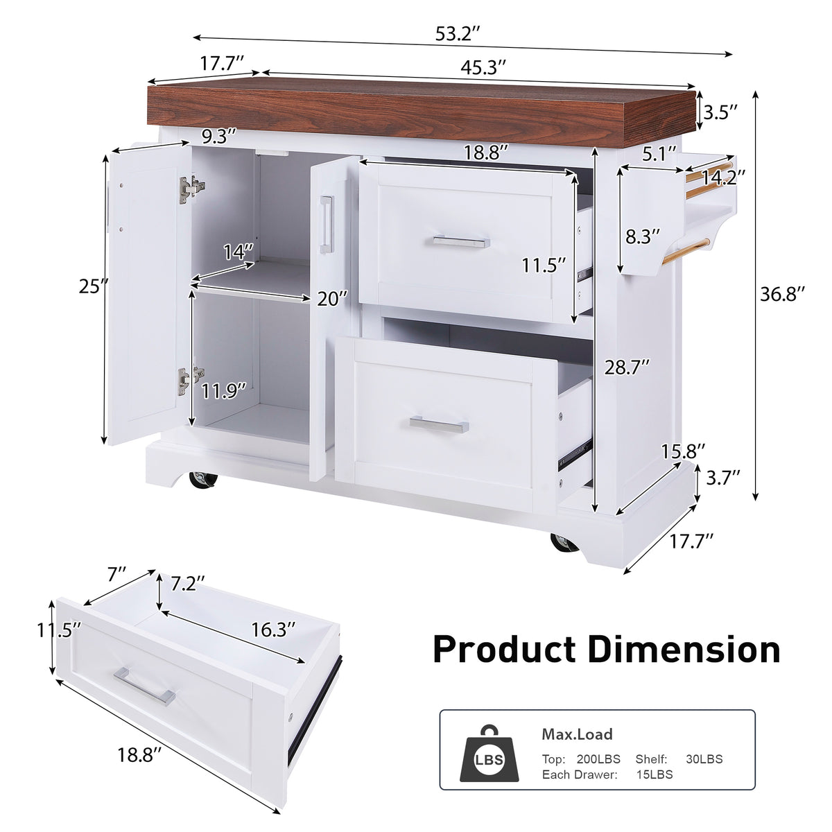 variant-group:rf-n707s000025w|Roomfitters 53" Kitchen Island with Butcher Block Top, Storage Cabinet with Drawers, Spice Rack and Towel Holder, White