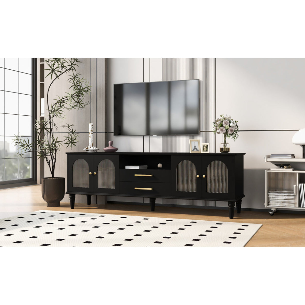 Roomfitters Retro TV Stand for up to 75 Inch TV, Fluted Glass Door Media Console with Five Wood Legs, Black Roomfitters