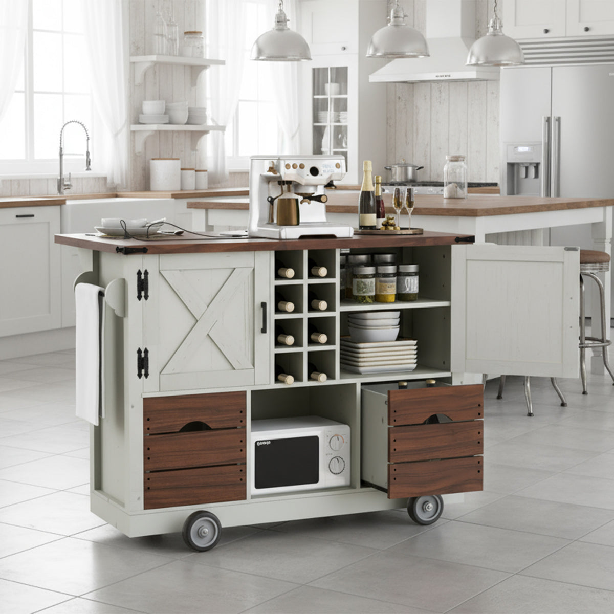 variant-group:rf-n707p349814w|Roomfitters 54" Farmhouse Kitchen Island with Drop Leaf, Power Outlet, Wine Rack, 2 Drawers, 2 Doors, White