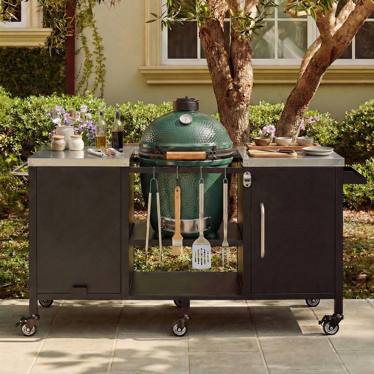 Roomfitters 72.4"W Extra Large Grill Cart, Outdoor Kitchen Prep Station with Stainless Steel Top and Folding Side Table, Black