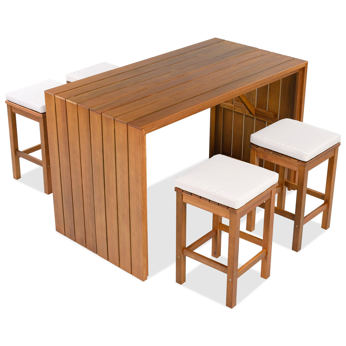 Roomfitters 5 Piece Outdoor Bar Set with High Top Dining Table and 4 Cushioned Backless Stools, Patio Furniture, Beige+Natural Roomfitters
