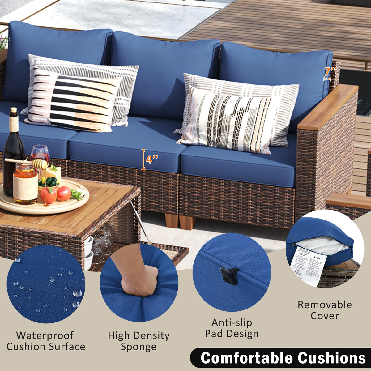 variant-group:rf-n707s005016e|Roomfitters 8-Piece Patio Furniture Set with 360 Swivel Rocker Chairs, Modular Outdoor Sectional Sofa & Table, Blue+Brown