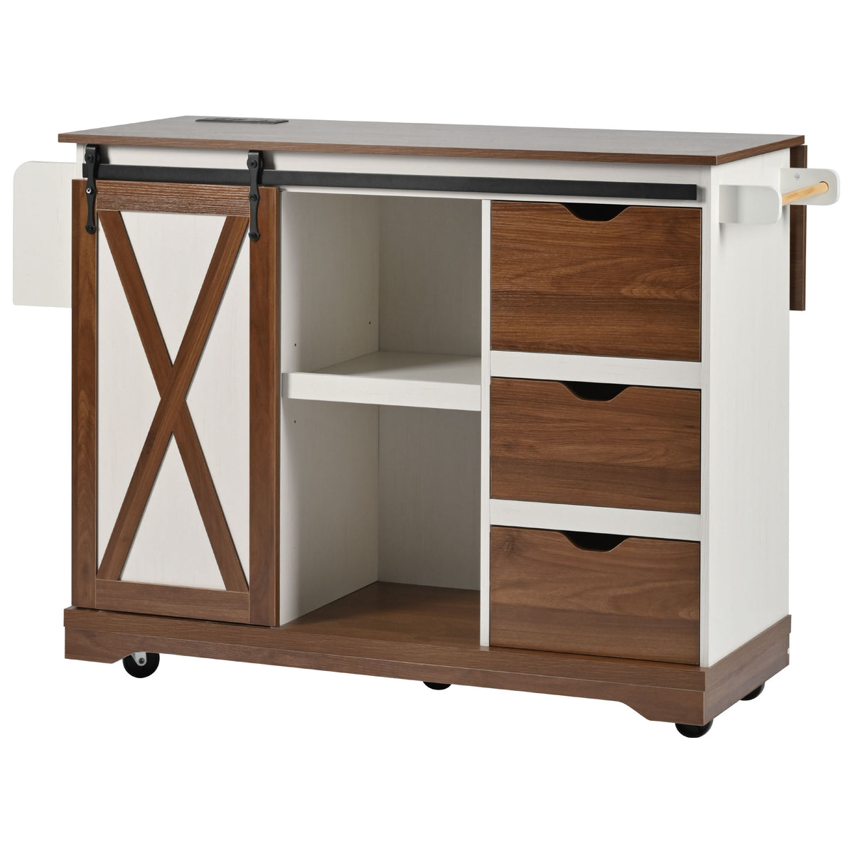 variant-group:rf-n707p288229w|Roomfitters 55.5" Rolling Kitchen Island with Drop Leaf, Mobile Kitchen Storage Cart with Sliding Barn Door, Power Outlets, White