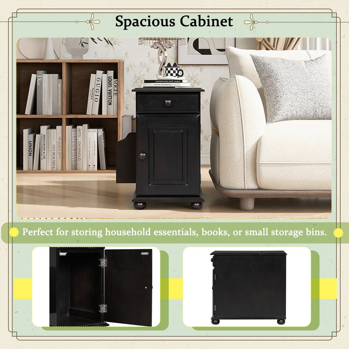 variant-group:rf-n724p293133p|Roomfitters Vintage Sofa Side Table with USB Ports, Flip Top, Cup Holders and Bookshelf Storage for Small Spaces, Espresso