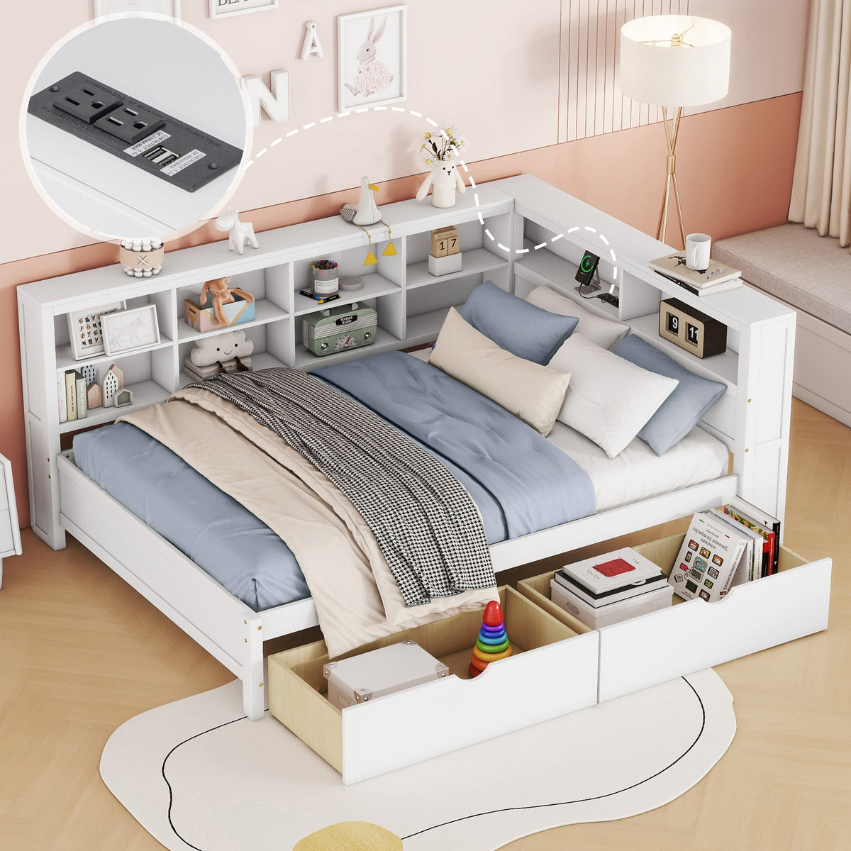 Roomfitters Wooden Full Daybed with Underbed Storage, Built-In Shelf & USB Charging Ports, White