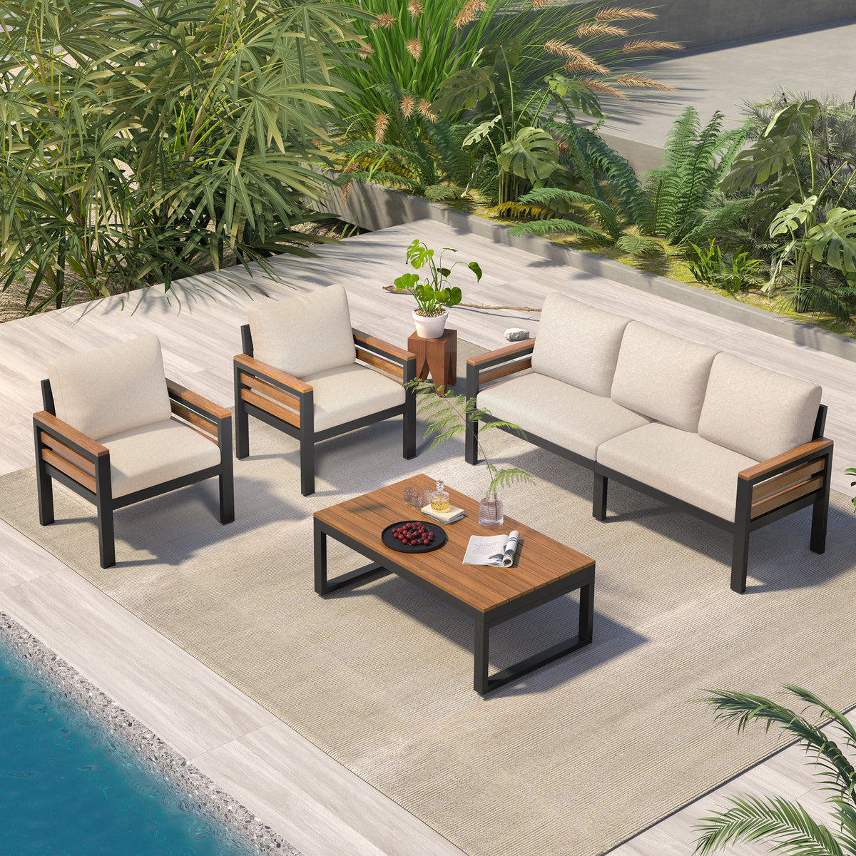 variant-group:rf-n704f201246a|Roomfitters 4-Piece Outdoor Patio Furniture Set with 3-Seater Sofa, 2 Armchairs and Coffee Table, Wood Accents, Beige