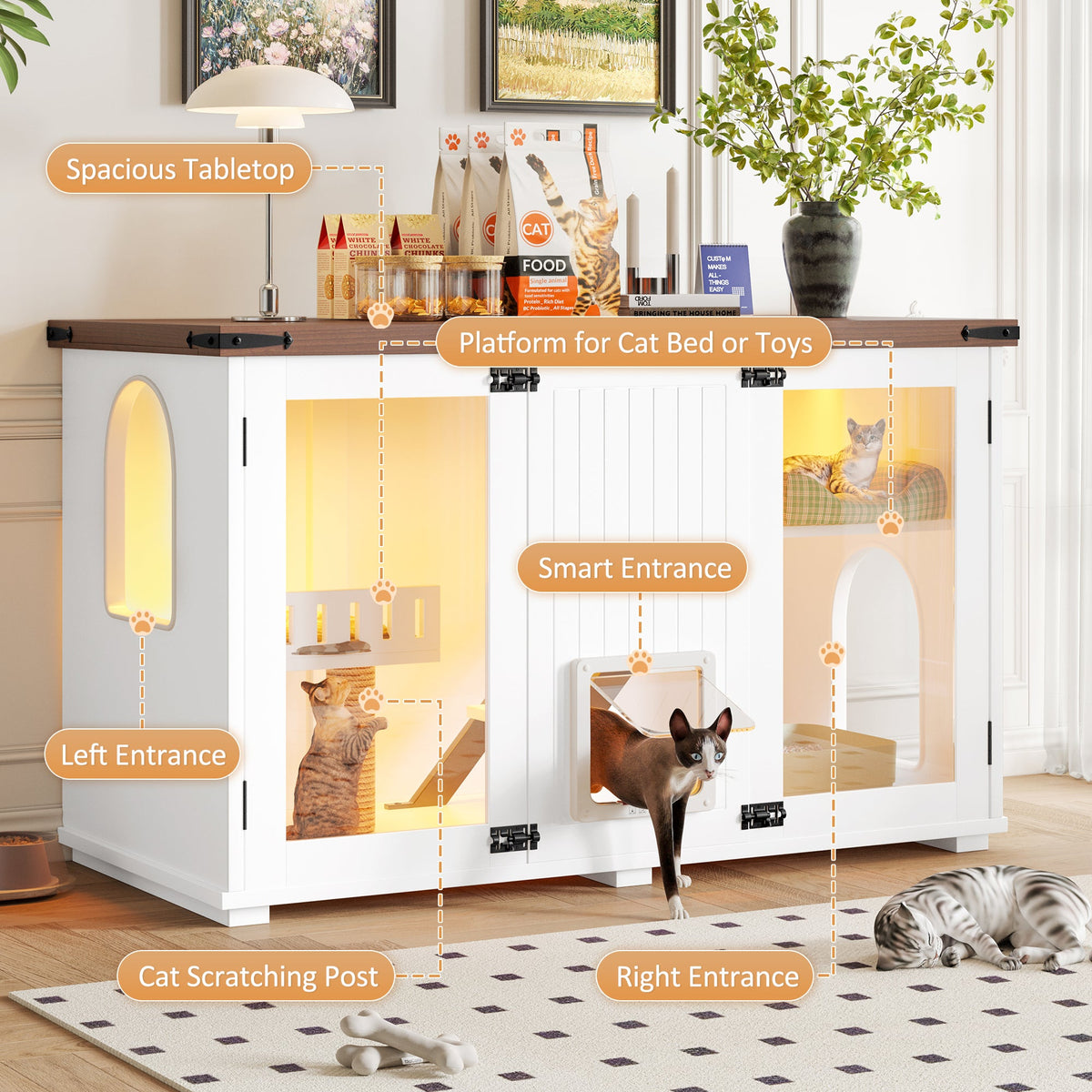 Roomfitters 47-Inch Enclosed Cat Litter Box Furniture Hideaway Cabinet Side Table with Four Mode Door White Roomfitters
