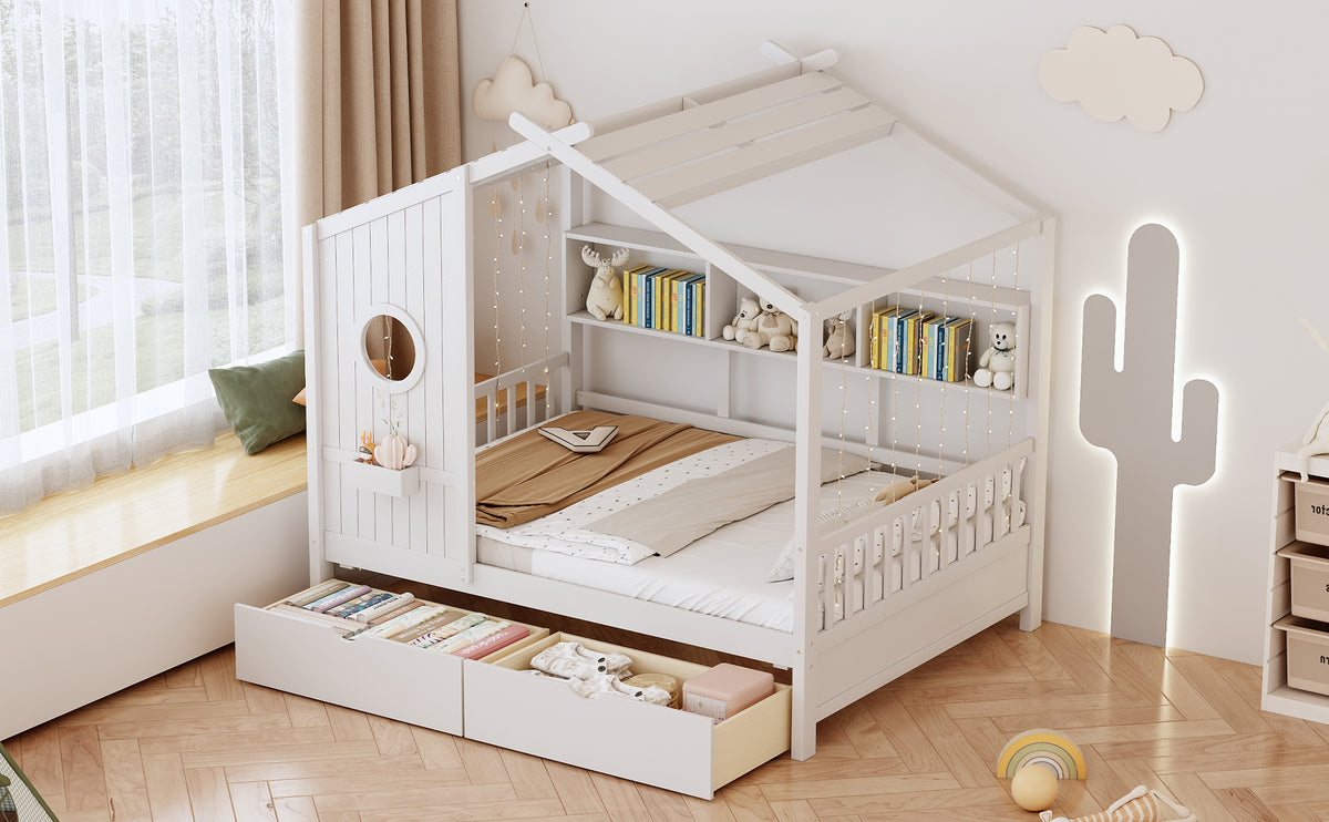 variant-group:rf-n733s308487k|Roomfitters Wooden Full Size House Bed with 2 Drawers and Storage Shelf, White