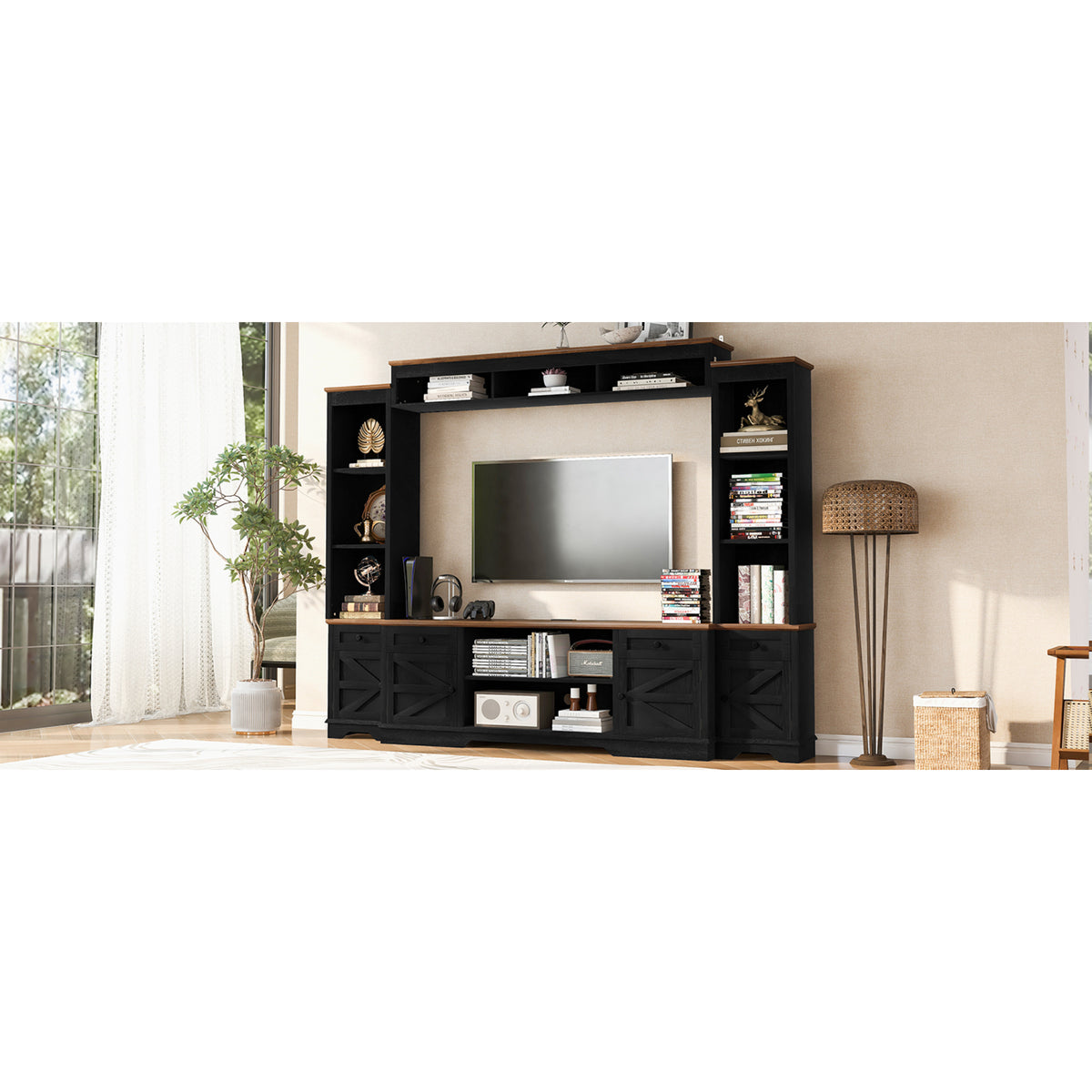variant-group:rf-n724sj000154aab|Roomfitters 98.8"W Farmhouse Wall Unit Entertainment Center, 4 Barn Doors, Black & Brown