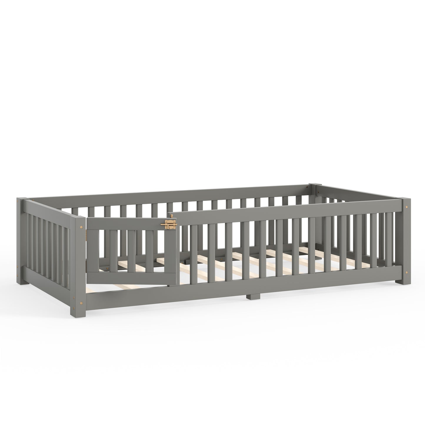 variant-group:rf-w1580p462312|Roomfitters Twin Size Wooden Floor Bed Frame with Safety Guardrails Door, Solid Wood Low Profile Toddler Play Bed, Gray