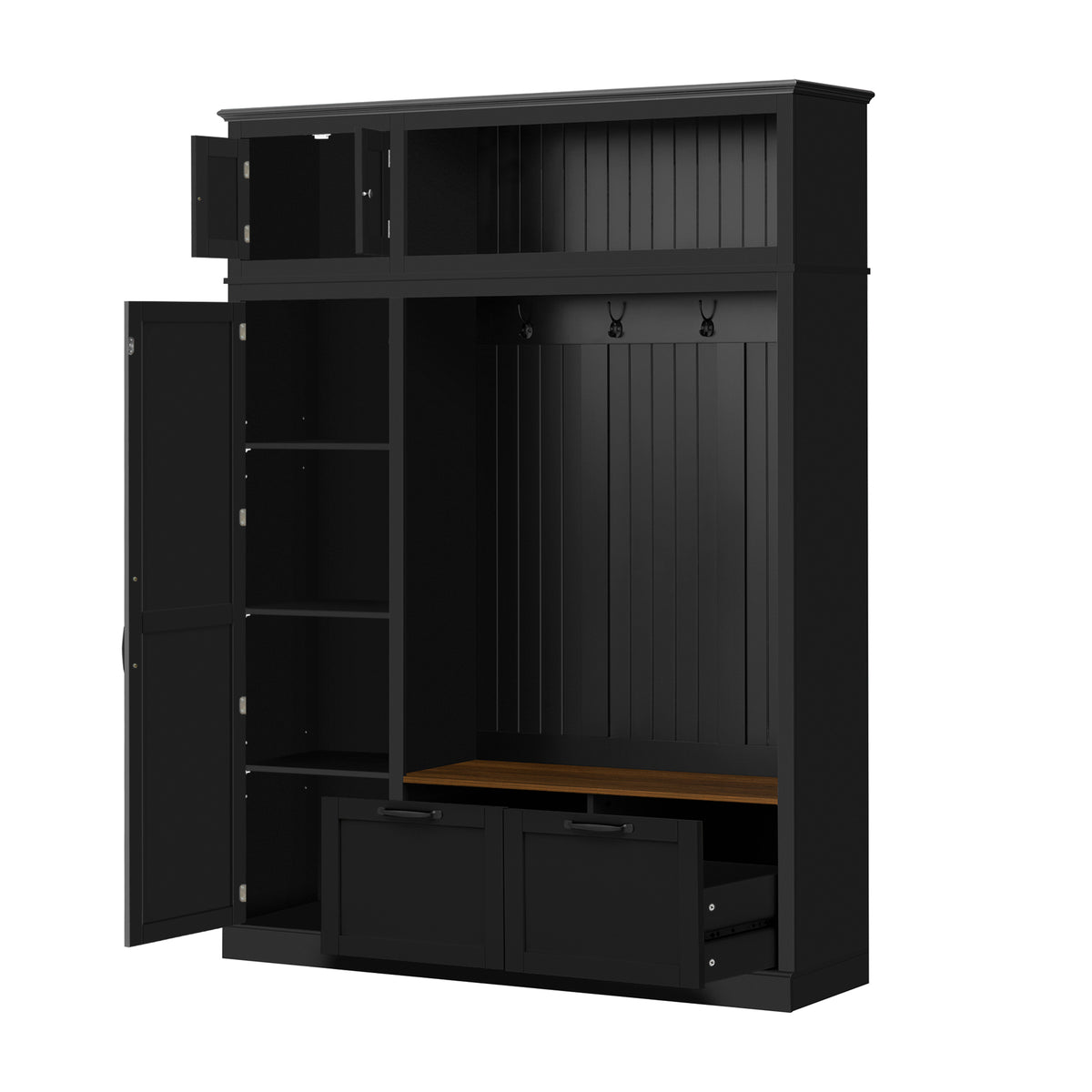 variant-group:rf-n724sj000160aab|Roomfitters 3-in-1 Entryway Hall Tree with Overhead Storage Cabinet, 2 Drawers, Black