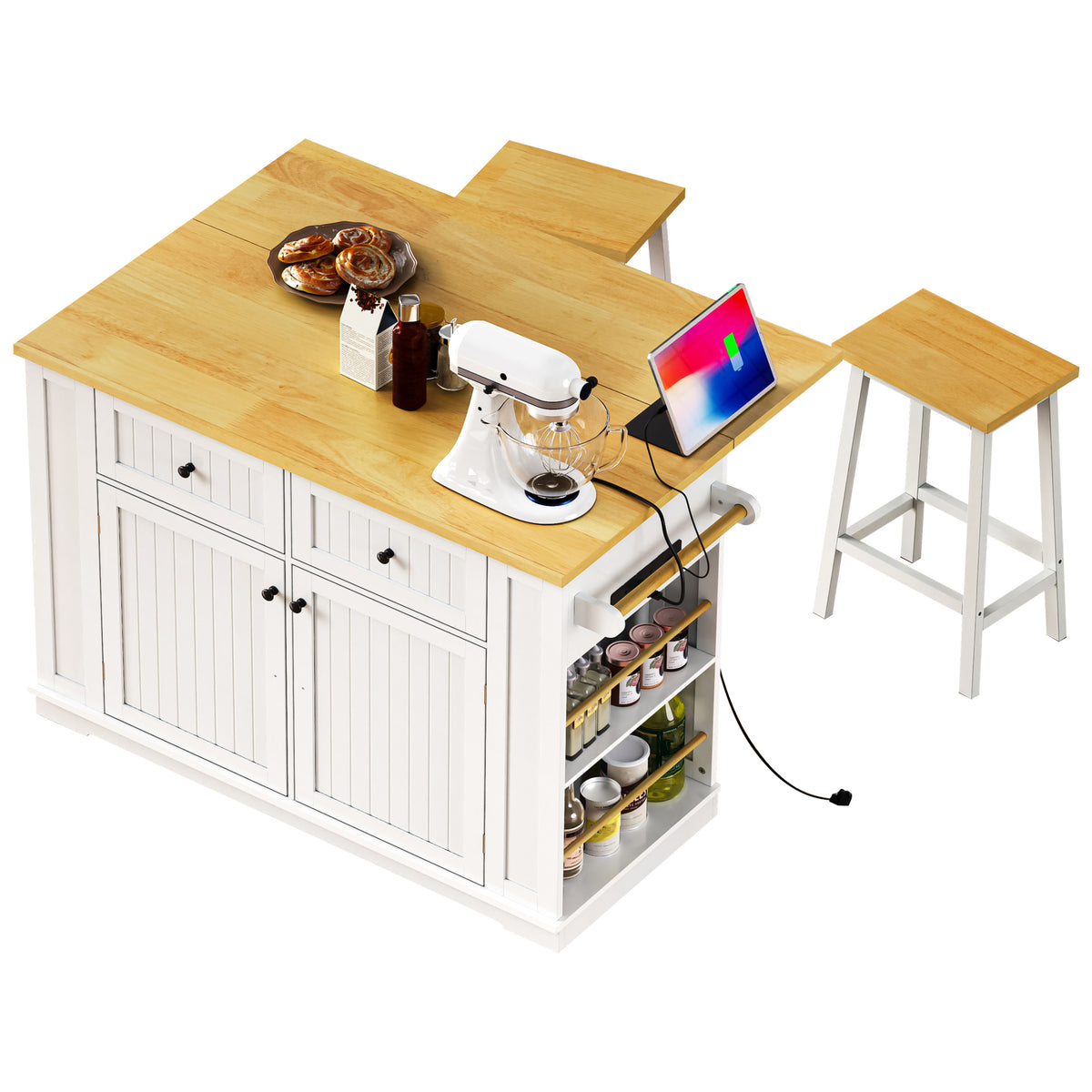 variant-group:rf-n707s257057w|Roomfitters 48" Kitchen Island with Power Outlet and Drop Leaf, Rolling Storage Cabinet with Wood Top and Spice Rack, White