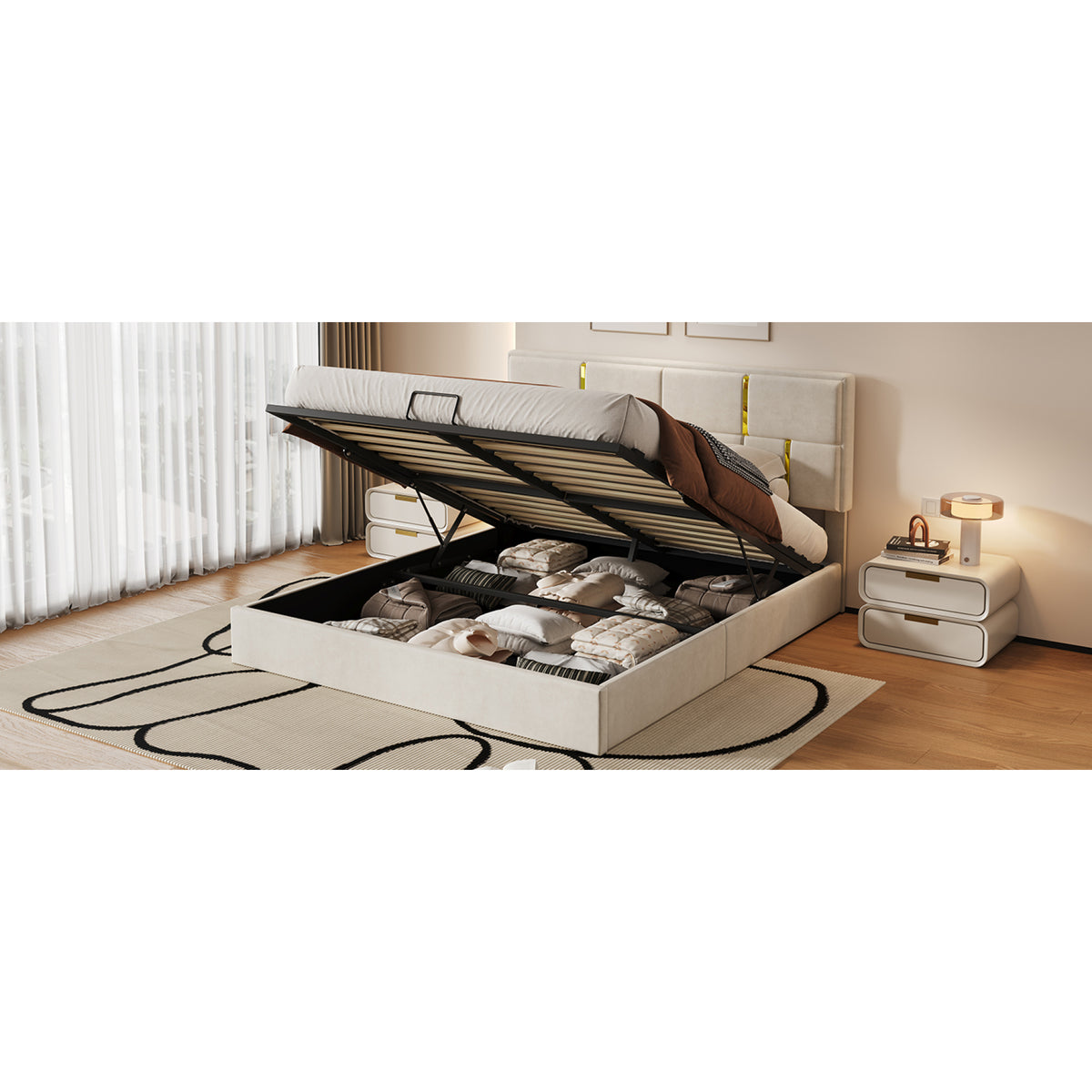 variant-group:rf-n733s362241a|Roomfitters Queen Upholstered Platform Bed with Hydraulic Storage Lift, Modern Bed Frame, No Box Spring Required, Beige
