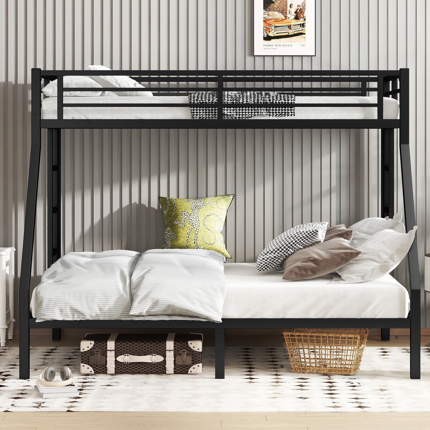 variant-group:rf-w1580p336606|Roomfitters Metal Twin XL Over Queen Bunk Bed Frame with Ladder & Safety Rail, Durable Space-Saving Design, Black