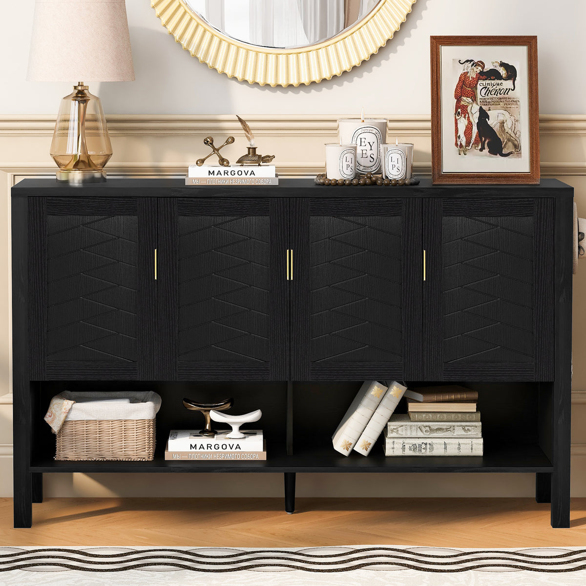 variant-group:rf-n711p345165b|Roomfitters Sideboard Buffet Cabinet with 4 Door Mid-century Modern Geometric Storage and Open Shelf for Kitchen & Dining, Black