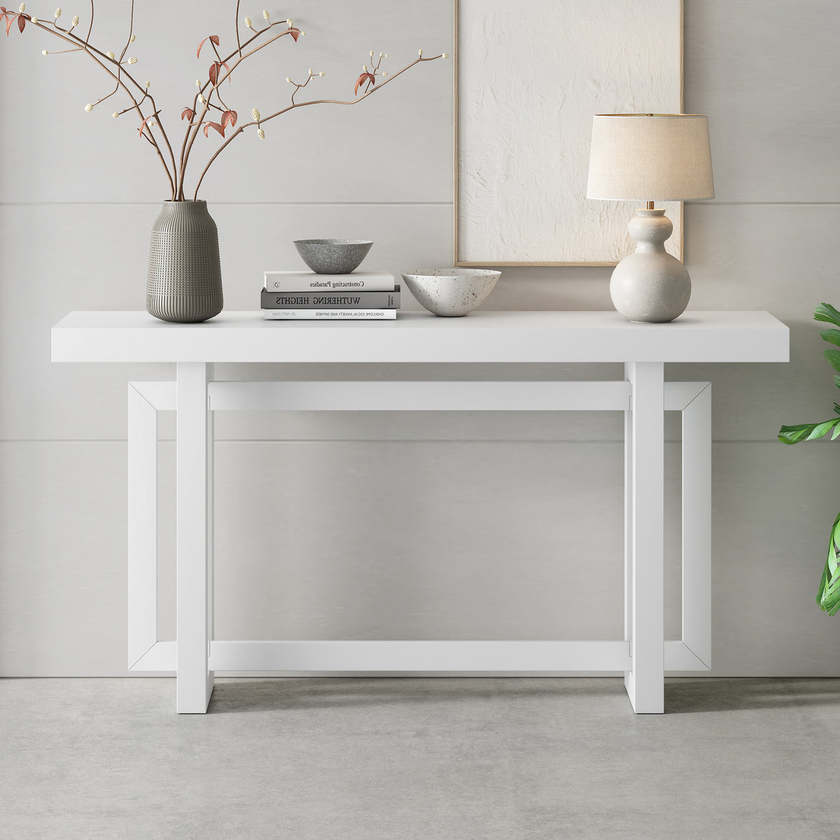 variant-group:rf-n711p410422k|Roomfitters Contemporary White Pine Veneer Extra Long Console Table with Unique Triple Rectangle Solid Wood Legs