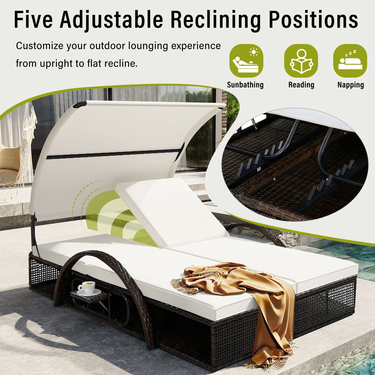variant-group:rf-n711wy000485aaa|Roomfitters Beige HDPE Wicker Outdoor Double Sunbed, Steel Frame Patio Chaise, Hidden Side Tables, Canopy Shade
