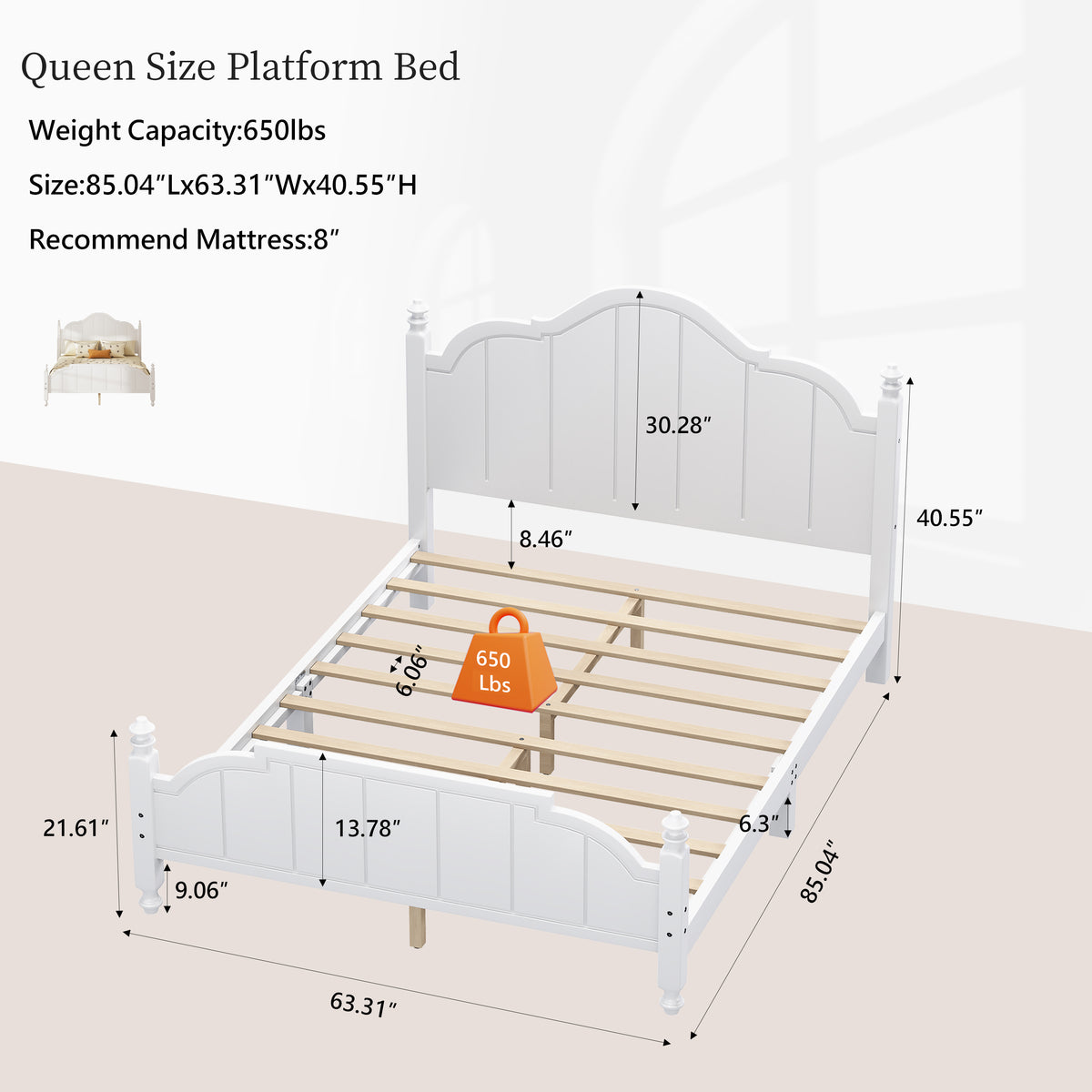 variant-group:rf-n733p360940k|Roomfitters Queen Wood Platform Bed Frame with Curved Headboard, Vintage Style Slat Support, No Box Spring Required, White