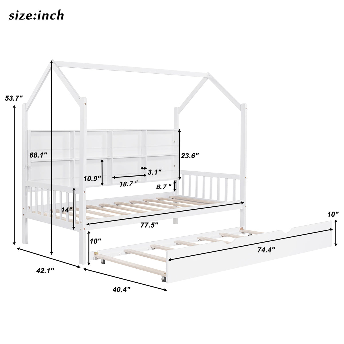 variant-group:rf-n733p326485k|Roomfitters Wooden Twin Size House Bed with Trundle and Storage Shelf, White