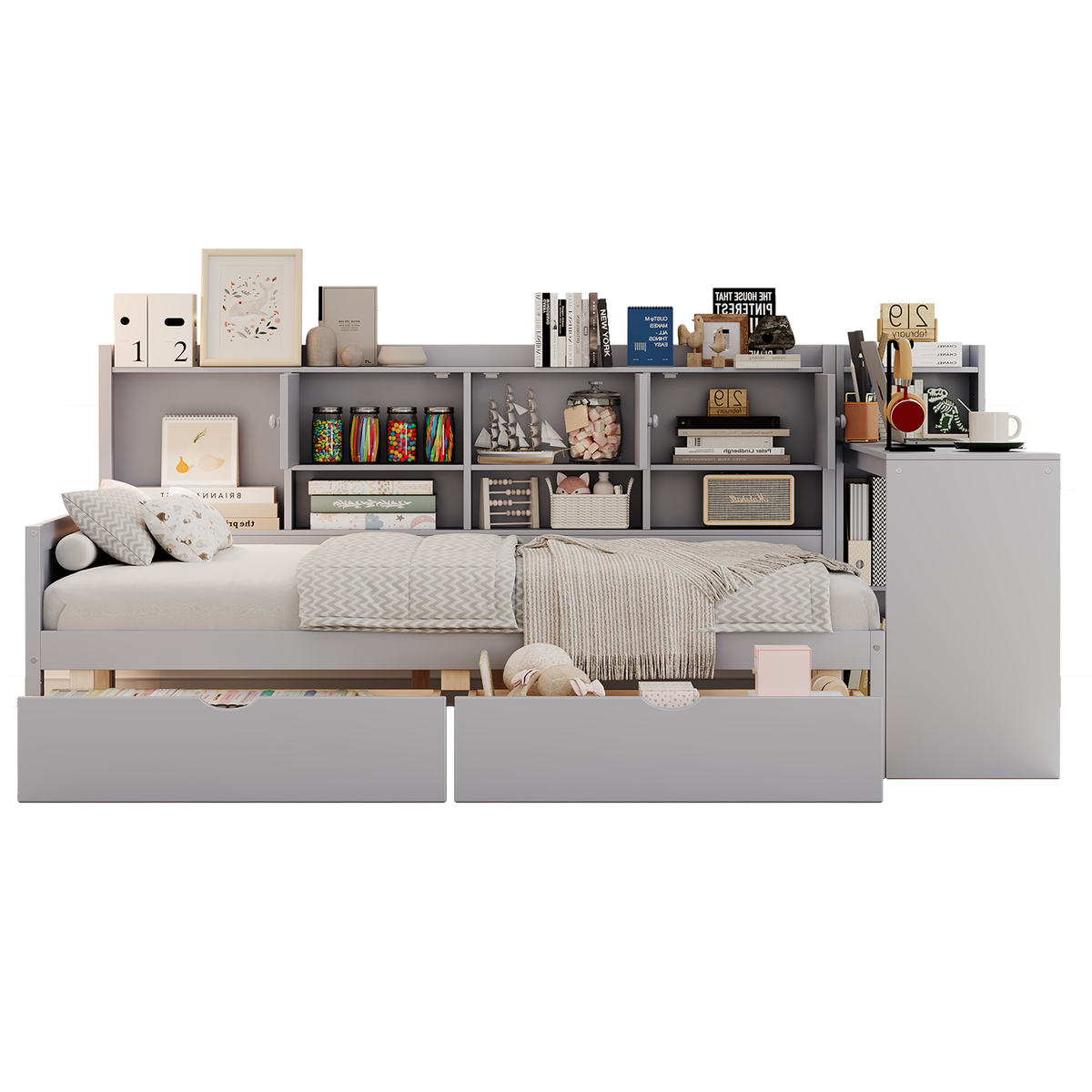 Roomfitters Full Size Wooden L-Shaped Daybed with 3 Cabinets, 2 Drawers, Desk and Bookshelf, Gray