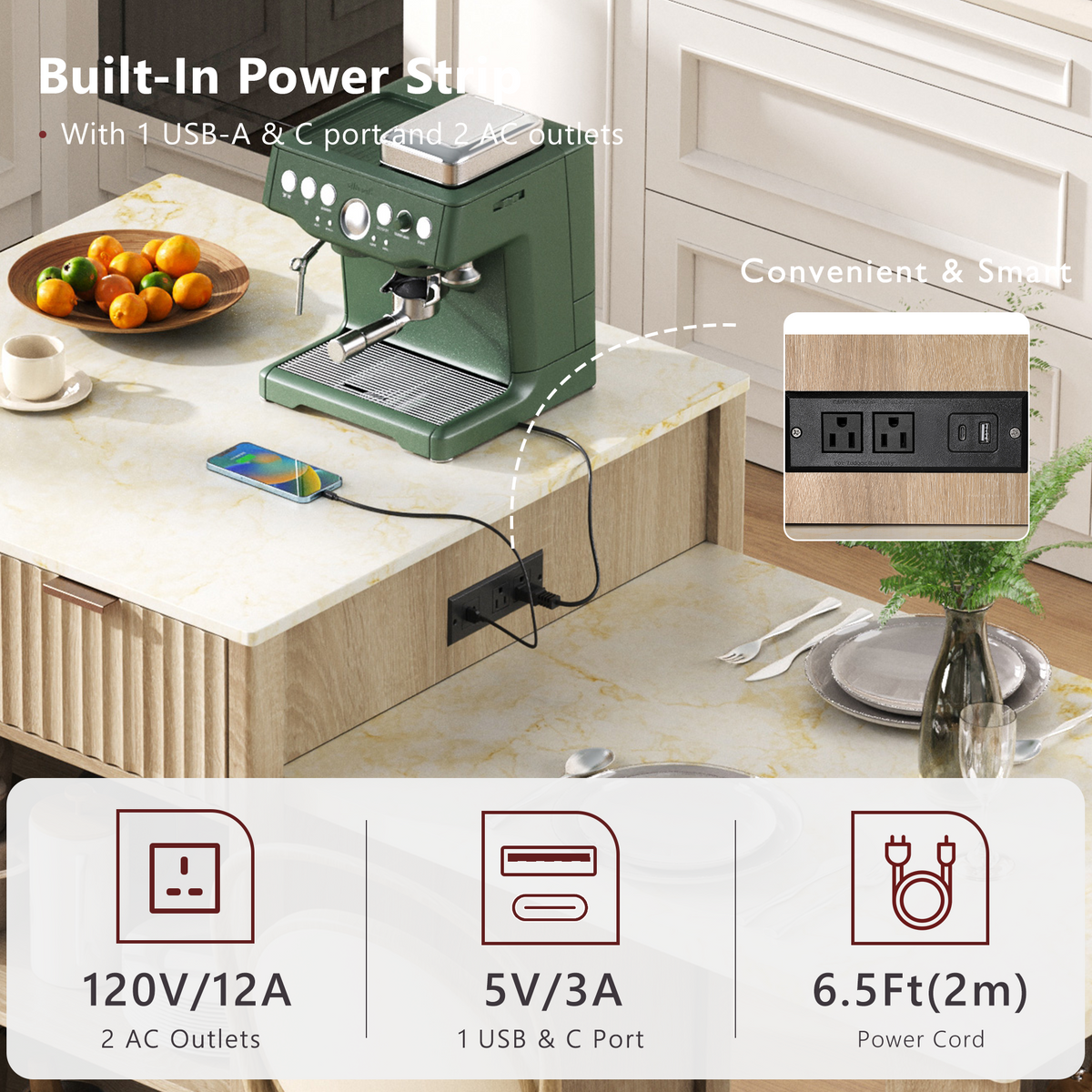 variant-group:rf-n707s000018y|Roomfitters 82.6" Fluted Kitchen Island with 51" Extendable Dining Table for 4-6, Power Outlet, Natural