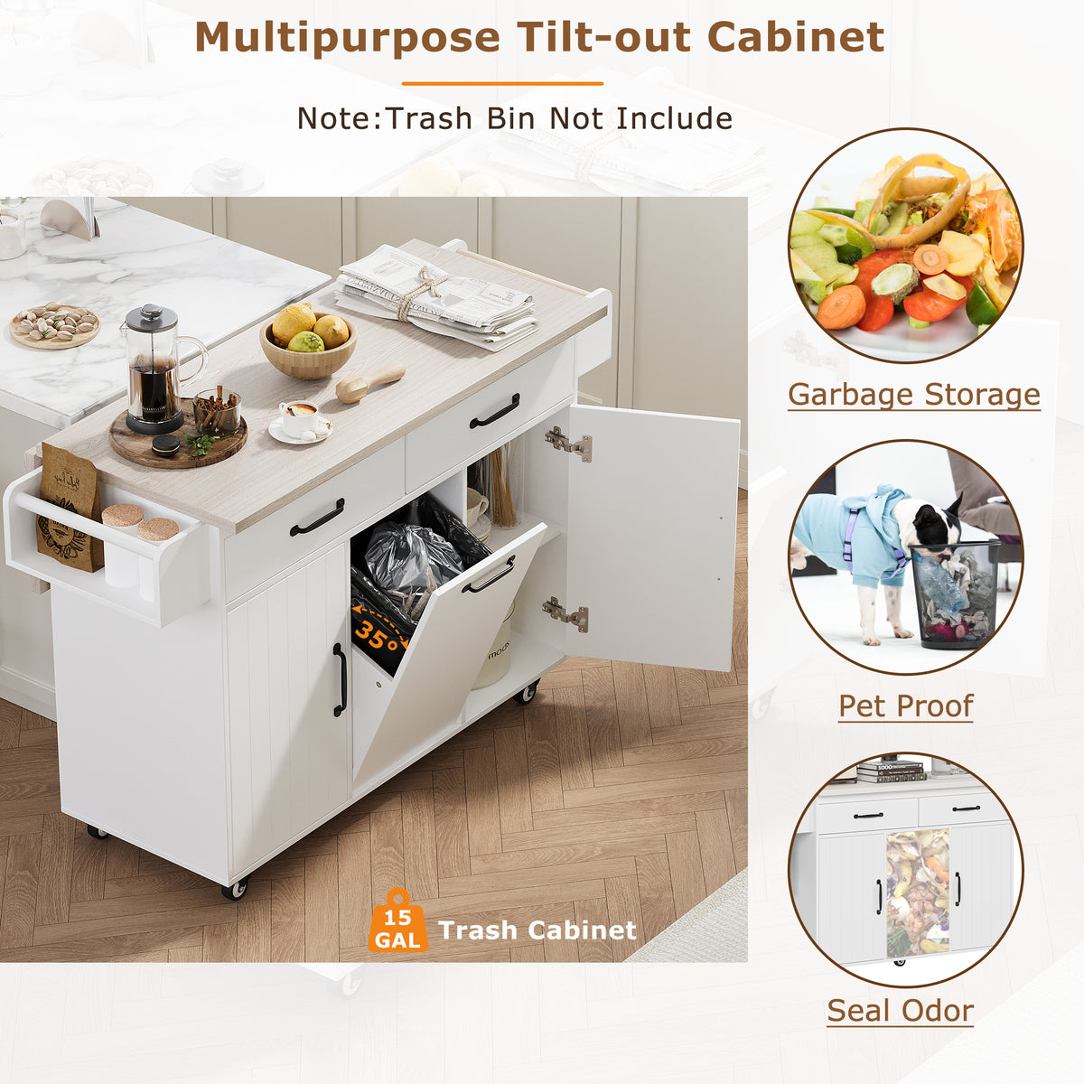 variant-group:rf-n707wf326381aaw|Roomfitters Kitchen Island with Trash Can Storage Cabinet, Grey - Drop Leaf, Spice Rack, Towel Rack, Drawer, Adjustable Shelf, Rolling Island on Wheels, Ameican White Oak