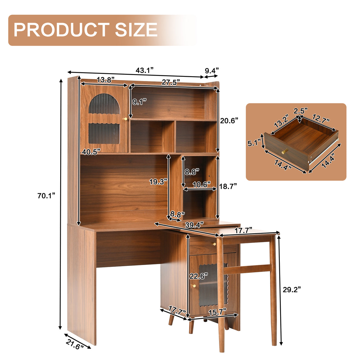 variant-group:rf-n733s363716d|Roomfitters Rotating L-Shaped Computer Desk with Shelves and Storage, 90° Swivel Office Writing Desk, Walnut
