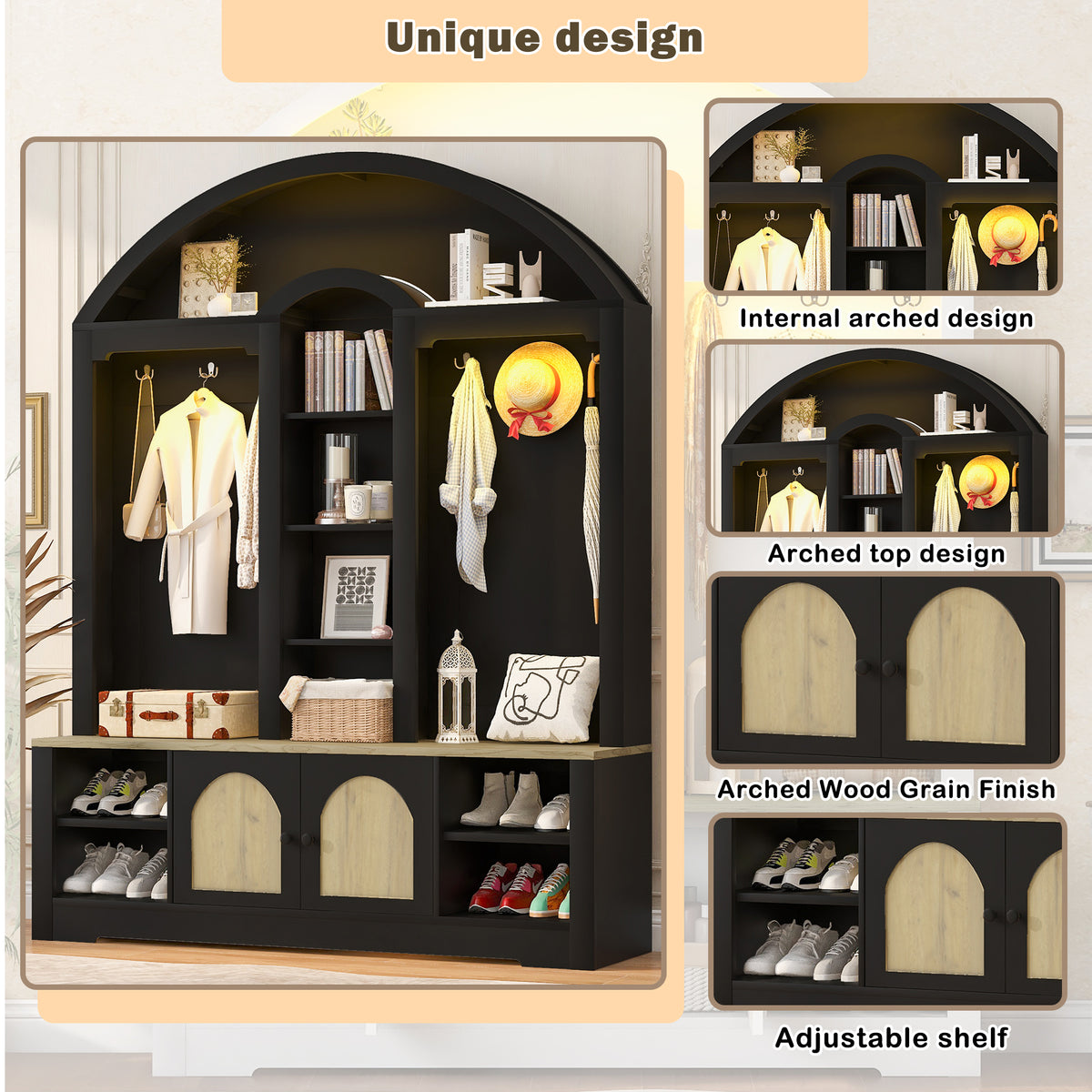 variant-group:rf-n724sj000158aab|Roomfitters Multi-Functional Curved Entrance Wardrobe, Hall Tree, Black & Natural