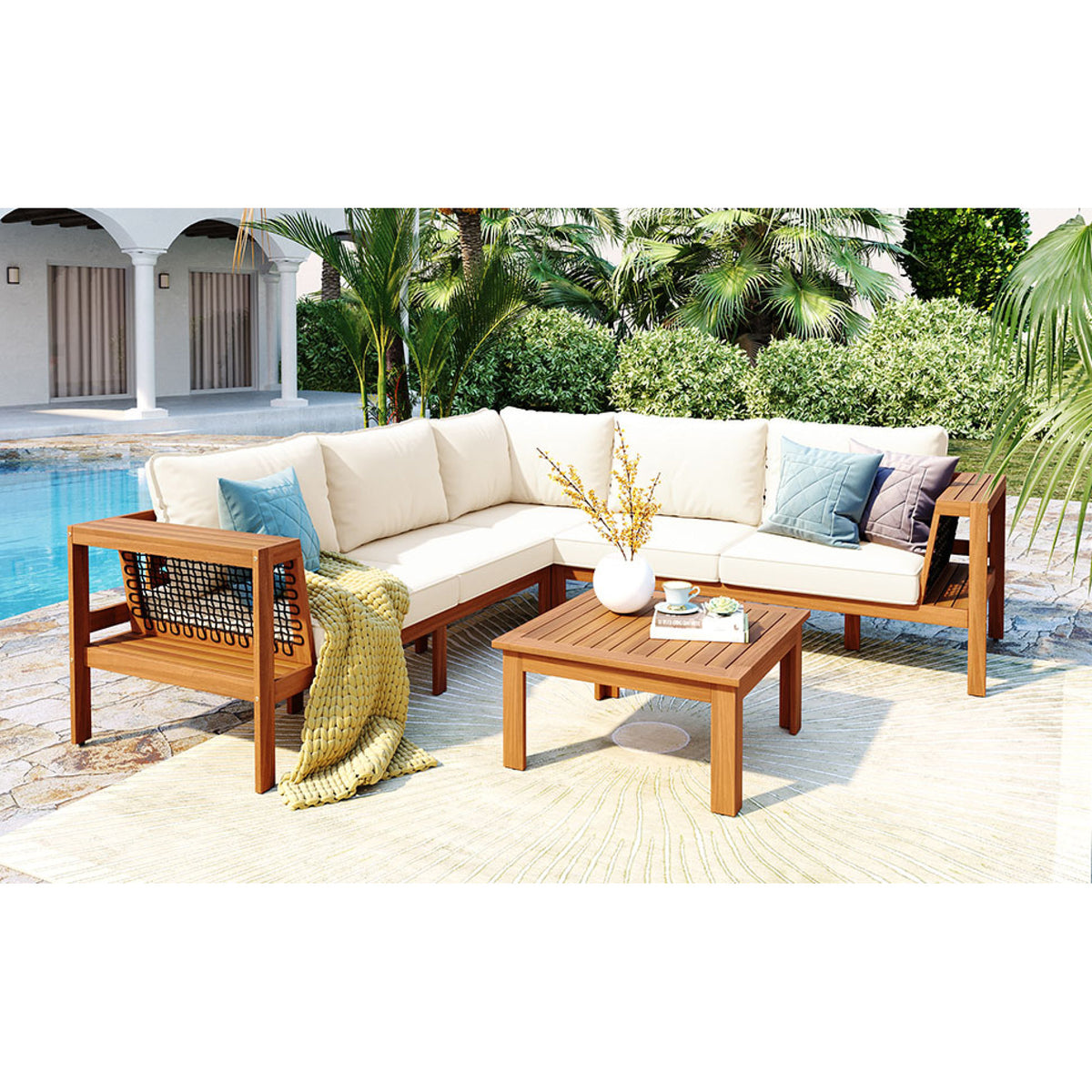 variant-group:rf-n704f201249n|Roomfitters 4-Piece Outdoor Sectional Sofa Set with Coffee Table and Built-in Side Shelves, Wood Frame, Beige+Teak