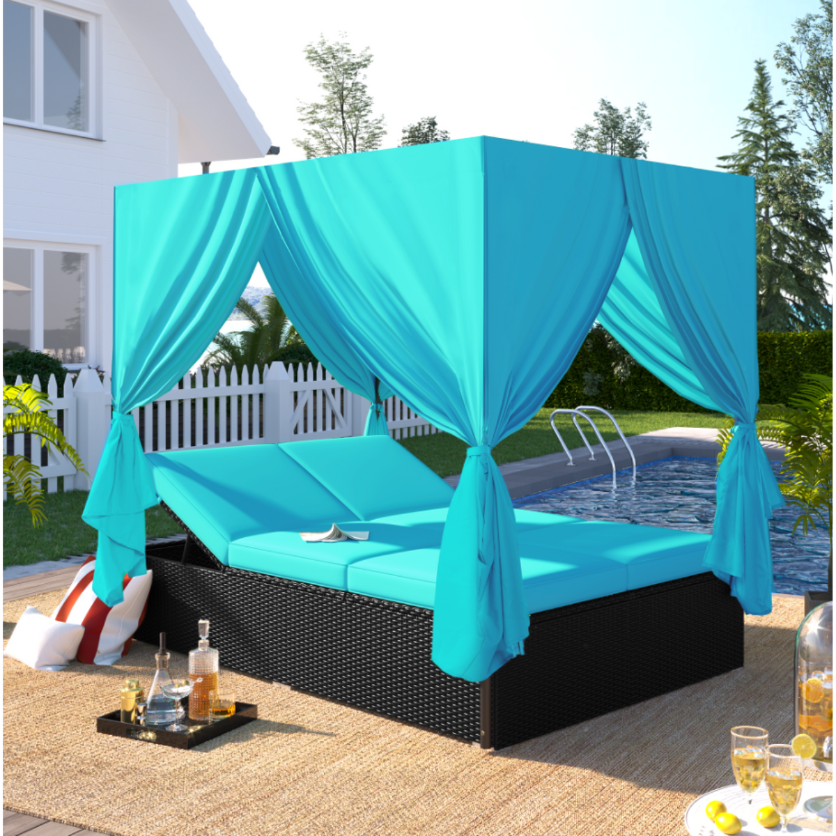 variant-group:rf-n711wy000476aac|Roomfitters Luxury Cabana Blue Outdoor Double Chaise Lounge Patio Daybed, Privacy Curtains, Adjustable Reclining