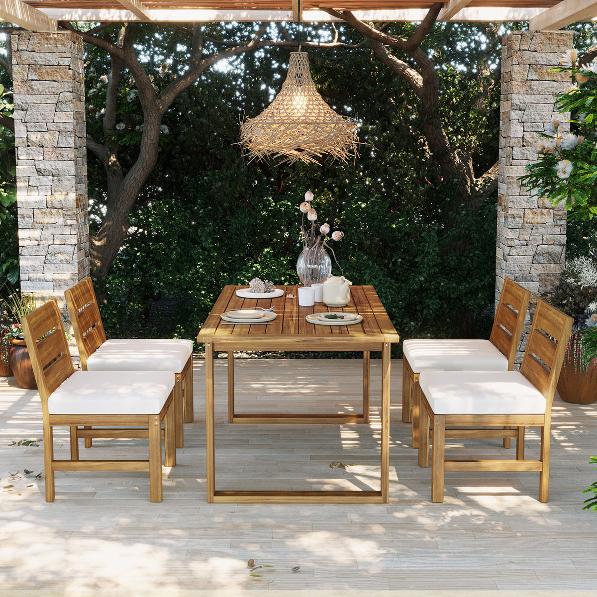 variant-group:rf-n711wy000497aaa|Roomfitters Farmhouse 5-Piece Outdoor Dining Set for 4, Acacia Wood Table and Chair Pack, Beige and Natural Slatted
