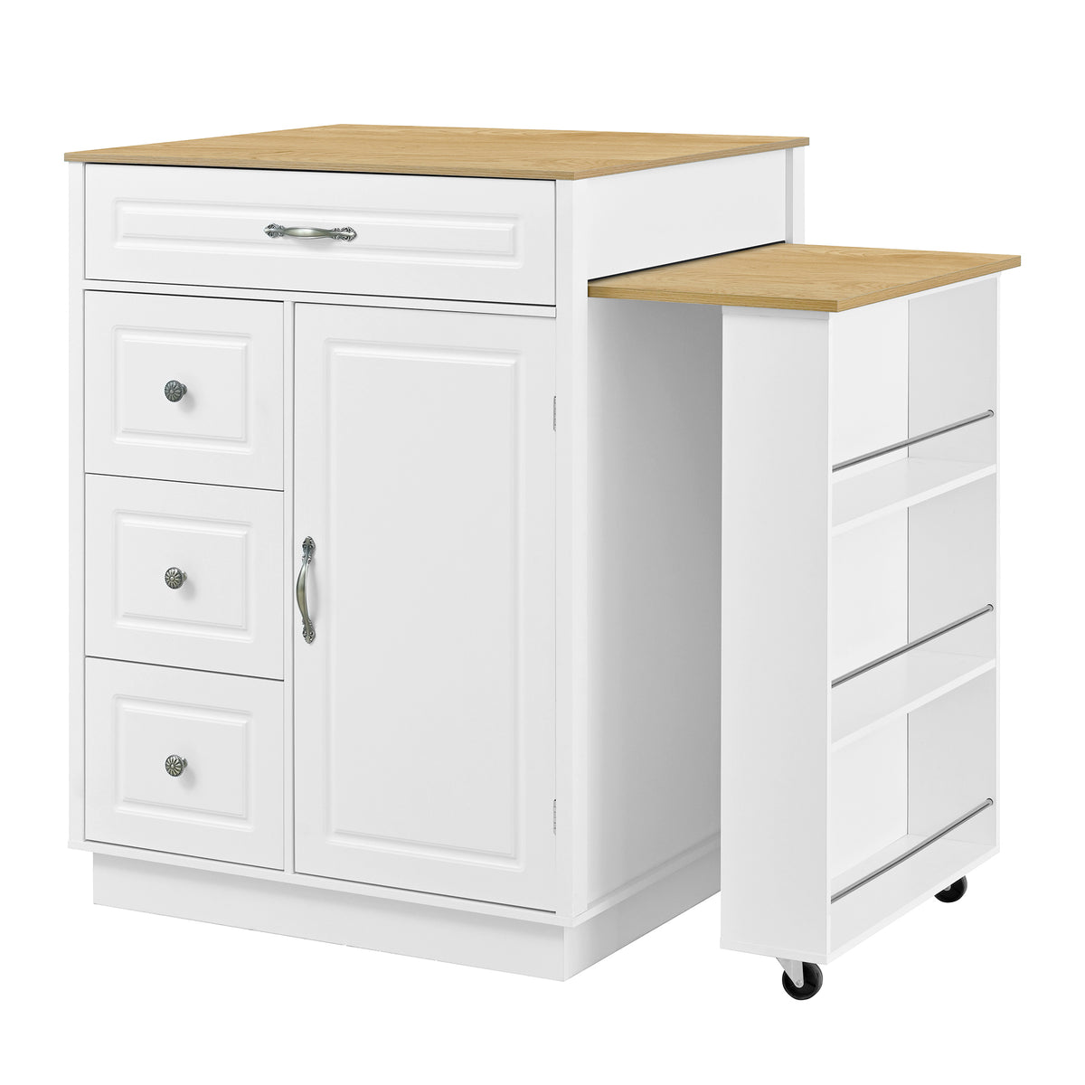 variant-group:rf-n711wy000493aak|Roomfitters White and Natural Wood MDF Extendable Bar Cabinet, Rolling Kitchen Island Table, Wine Rack Storage