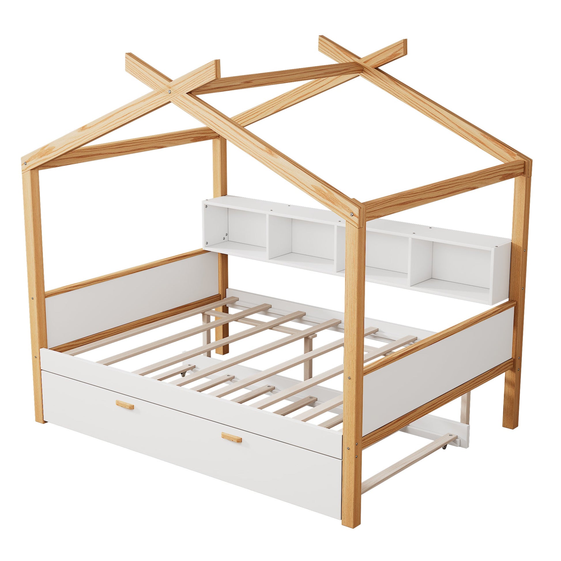 Roomfitters Full Size Wooden House Bed with Trundle and Bookshelf Storage, Solid Wood Frame for Guest Room, White Roomfitters