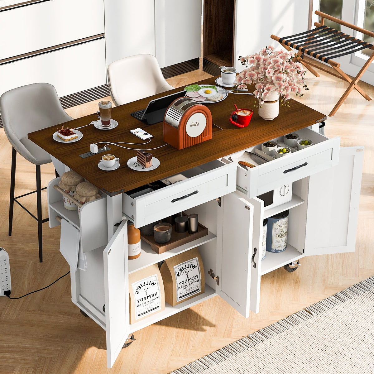 Roomfitters 53.5" Kitchen Island with Power Outlet and Drop Leaf, Rolling Storage Cabinet with Spice Rack, Modern Style, White