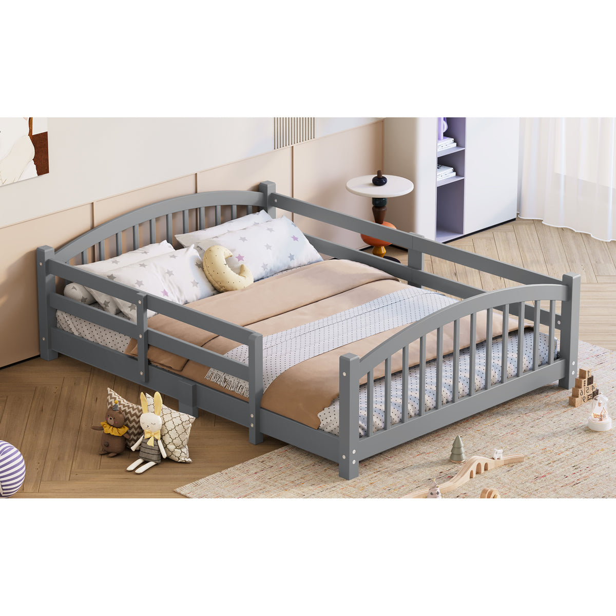 variant-group:rf-n733p400299e|Roomfitters Full Montessori Floor Bed with Guardrails, Solid Wood Low Platform Bed with Slats, Easy Assembly, Gray
