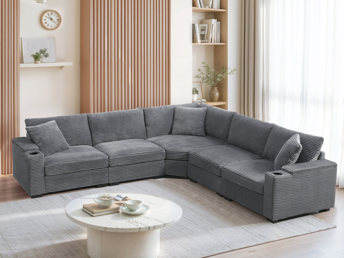 variant-group:rf-n723s1187e|Roomfitters 104 Inch Modern L-Shaped Sectional Sofa with Cup Holders, Comfortable Corduroy Upholstered Corner Couch, Gray