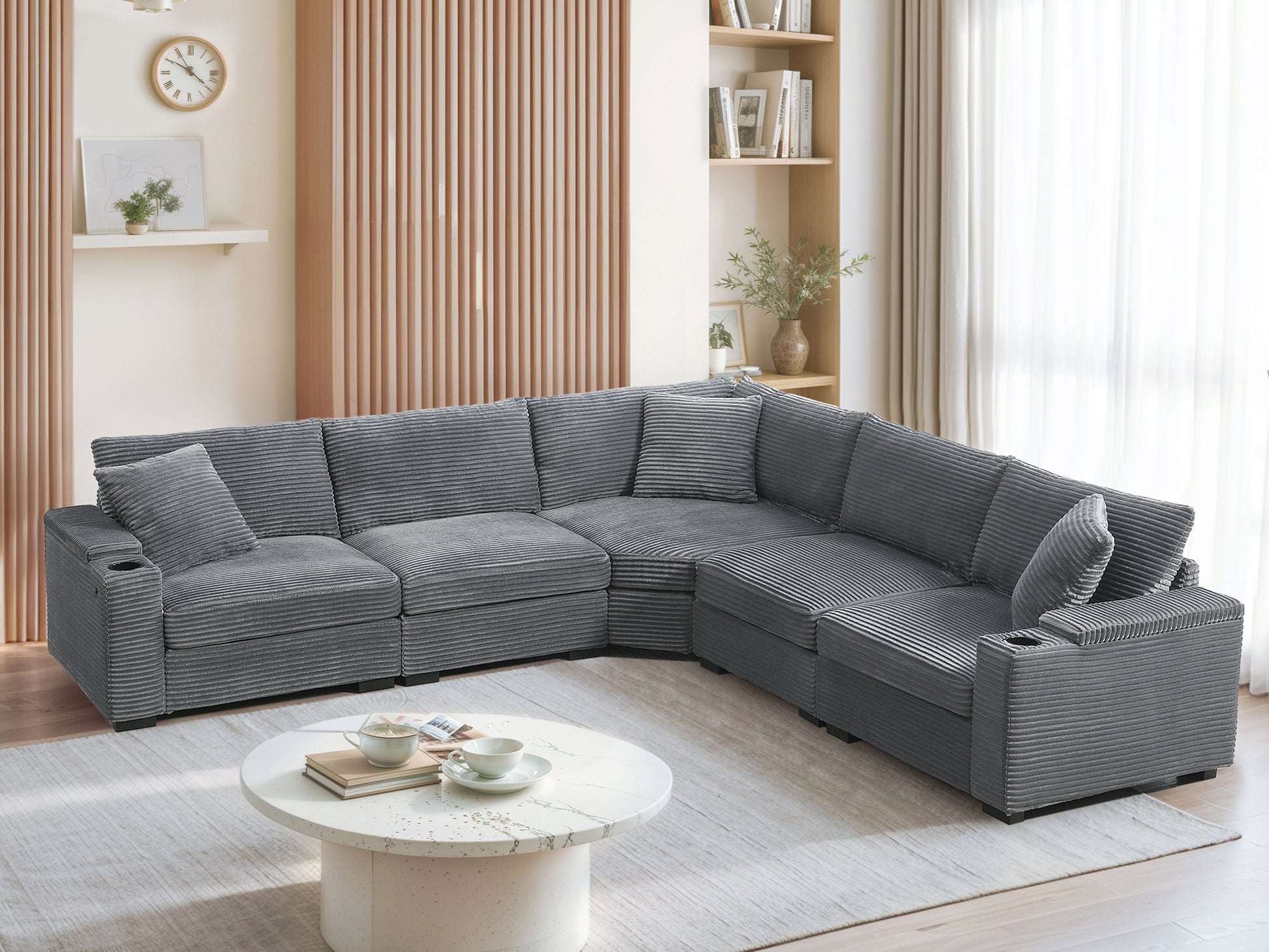 variant-group:rf-n723s1187e|Roomfitters 104 Inch Modern L-Shaped Sectional Sofa with Cup Holders, Comfortable Corduroy Upholstered Corner Couch, Gray
