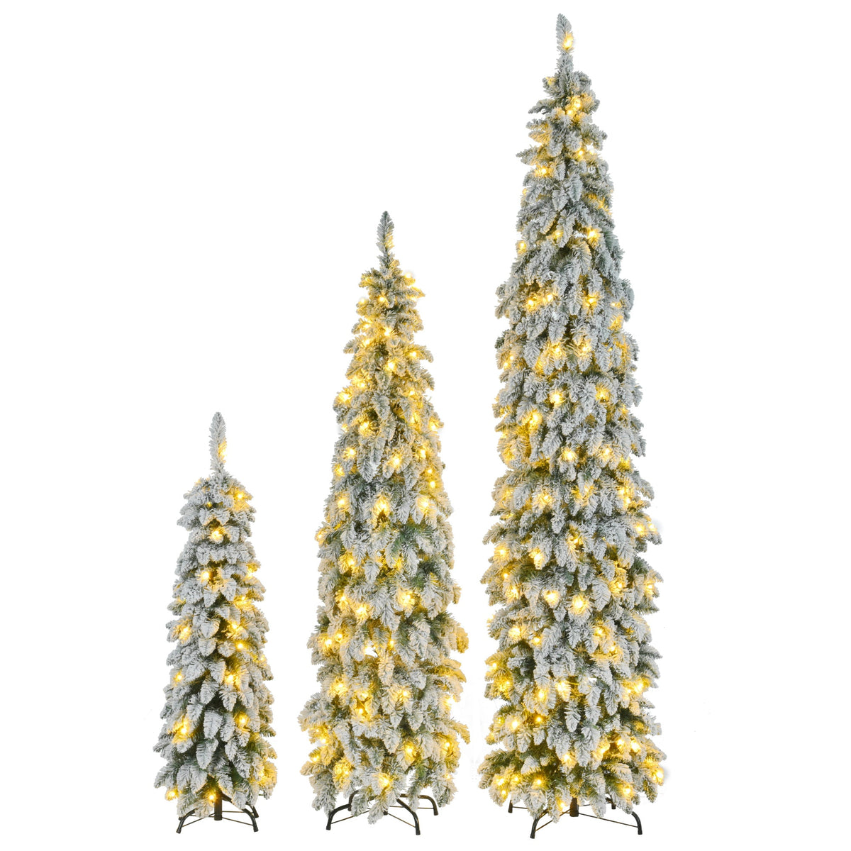Roomfitters Pre-Lit Pencil Christmas Tree Set 8FT 6FT 4FT, Slim Snow-Flocked Artificial Trees with 1455 Tips, White Roomfitters