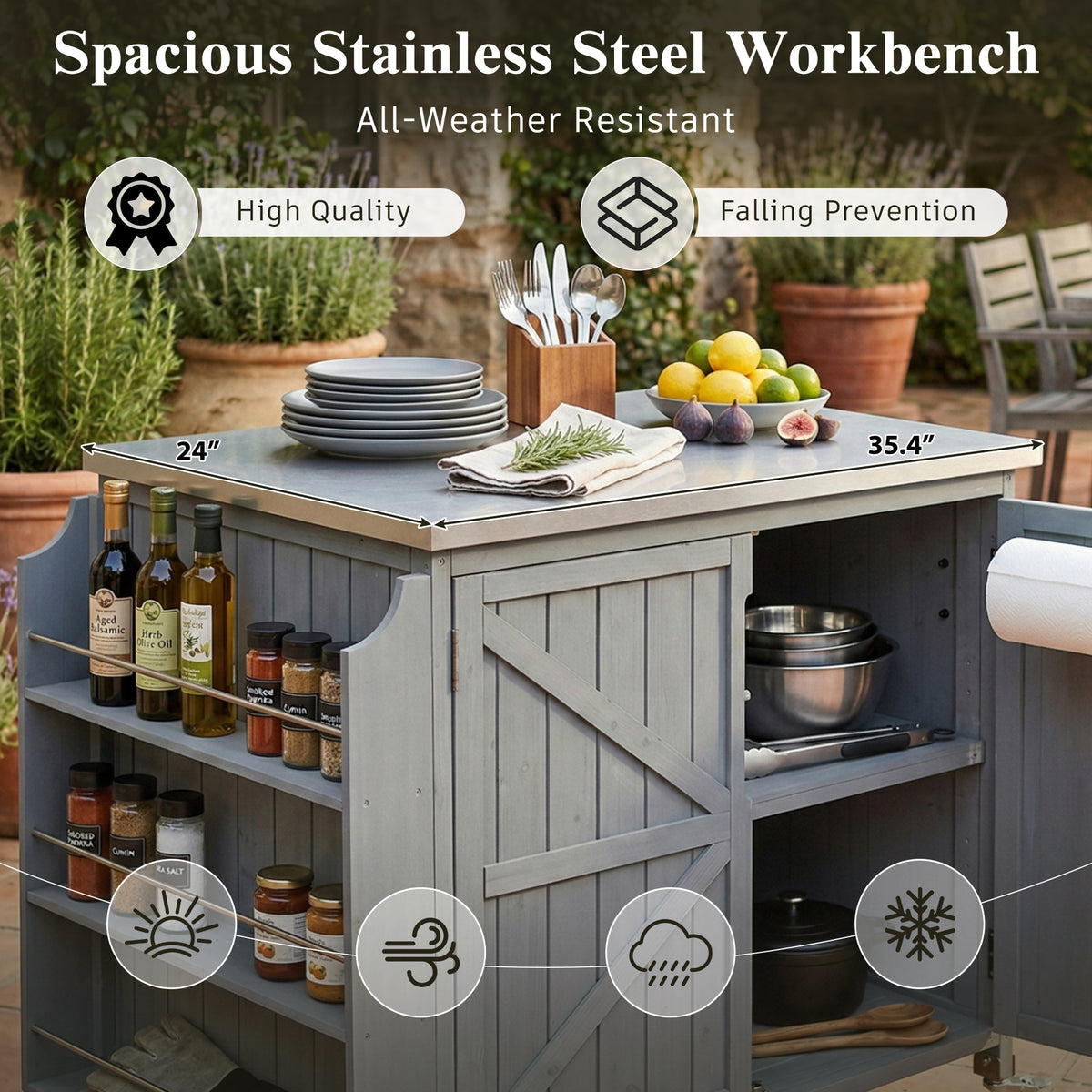 variant-group:rf-n707p370287g|Roomfitters 42.1" Grill Cart, Outdoor Kitchen Island with Stainless Steel Top, BBQ Prep Station with Spice Rack, Grey+Blue